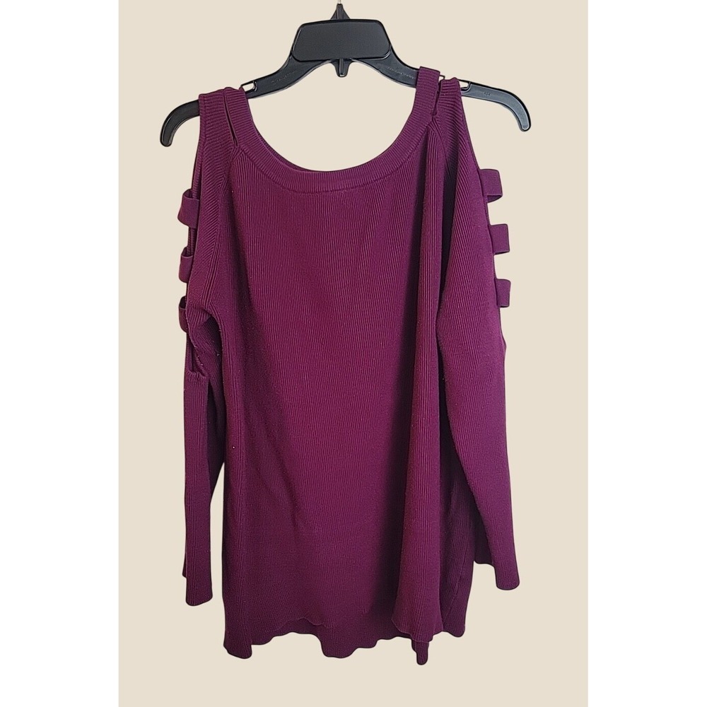 Umgee Cold Shoulder Sweater Ribbed Knit Strappy Long Sleeve Plus Size 1XL Purple